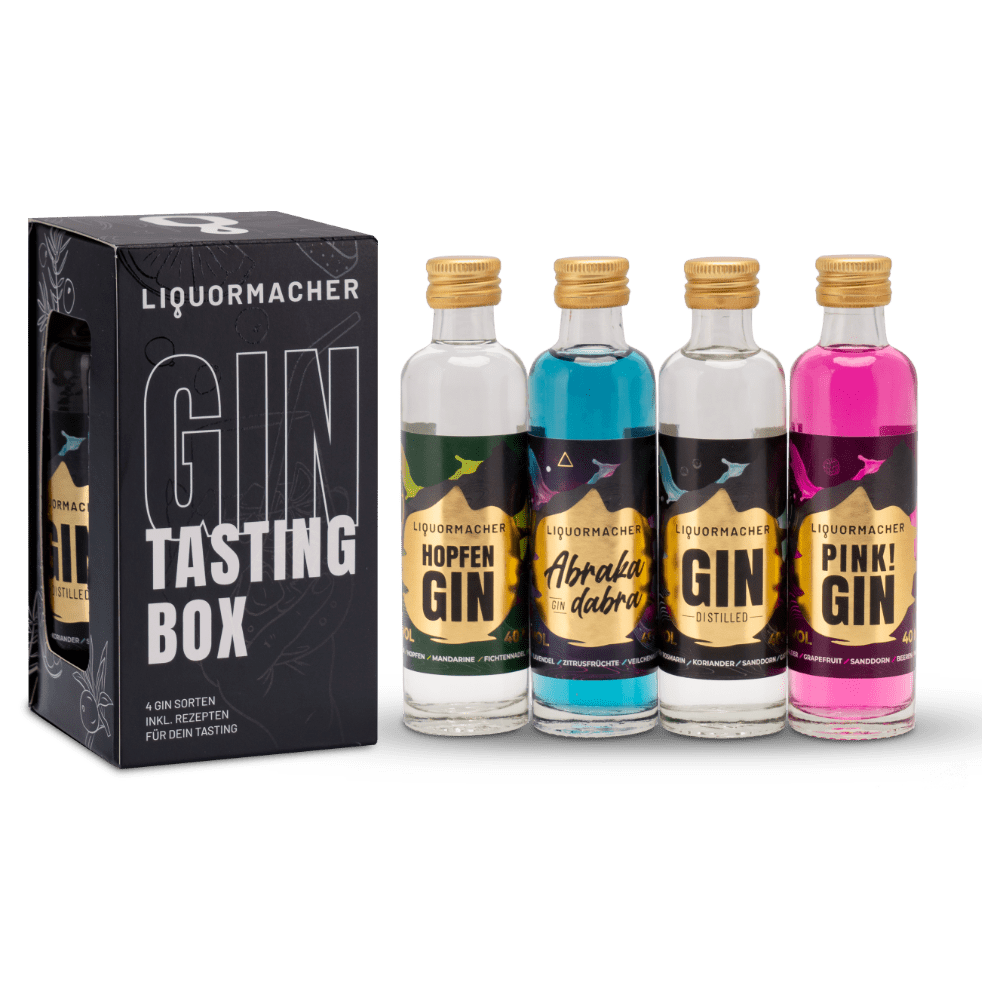 Gin Tasting Box mit Hopfen Gin Abrakadabra Gin, Pink! Gin, Gin 